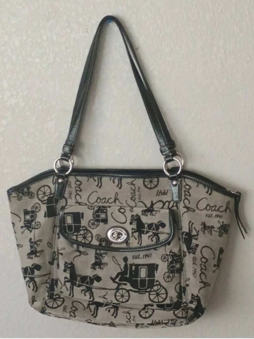 Coach Black and Cream Signature Horse & Carriage Shoulder Bag